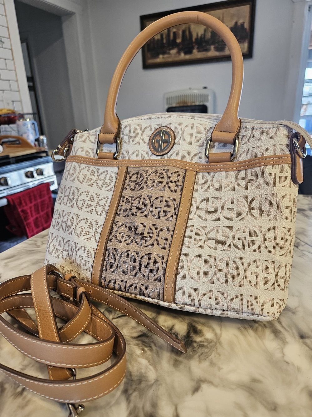 Giana Bernini Tan and Cream Logo-Pattern Satchel Bag